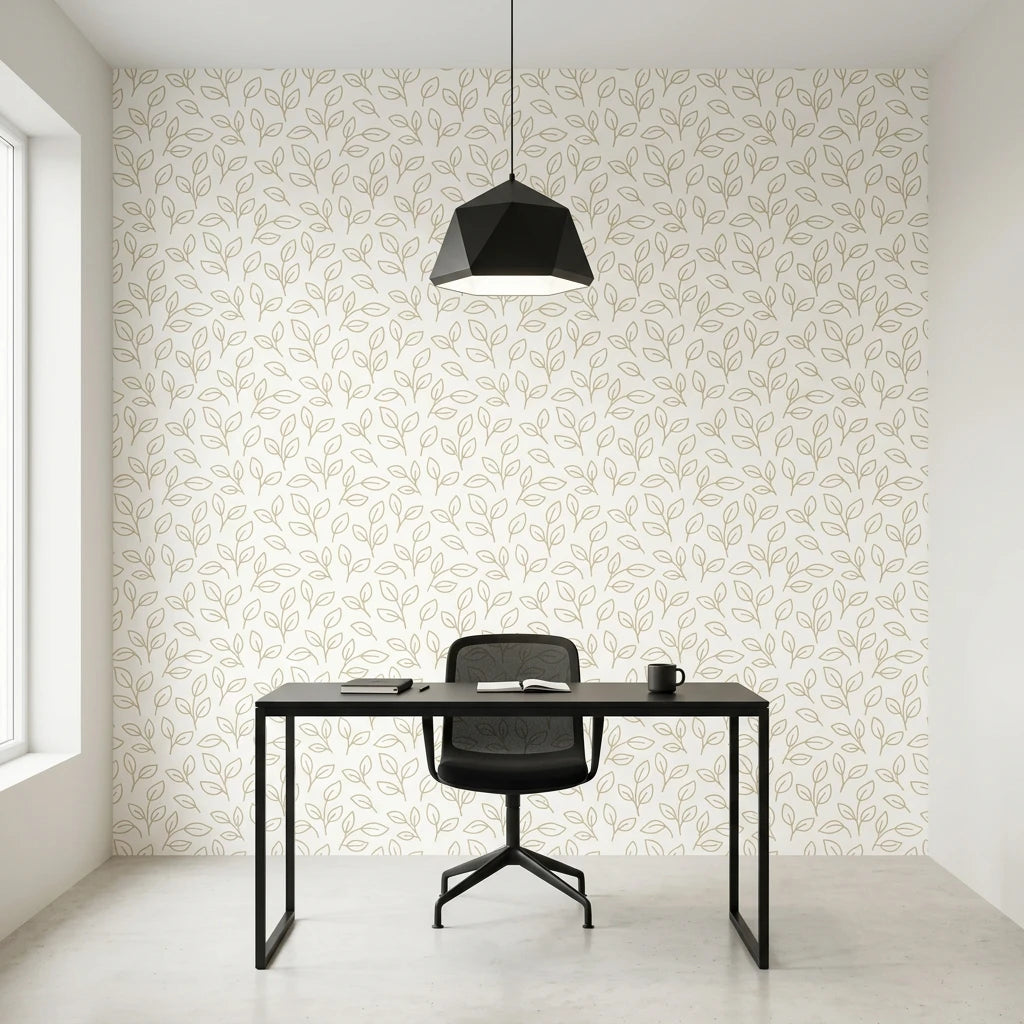 Dew &amp; Gold elegant gold botanical leaf wallpaper as a feature wall in a bright home office