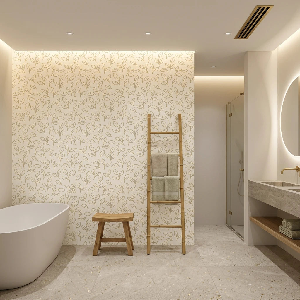 Dew &amp; Gold elegant gold botanical leaf wallpaper creating ambiance in a serene bathroom
