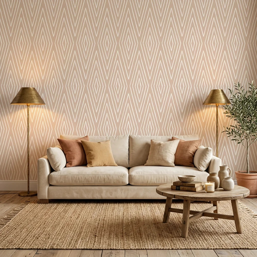 Diamond Echo tribal diamond wallpaper in a warm and inviting living room