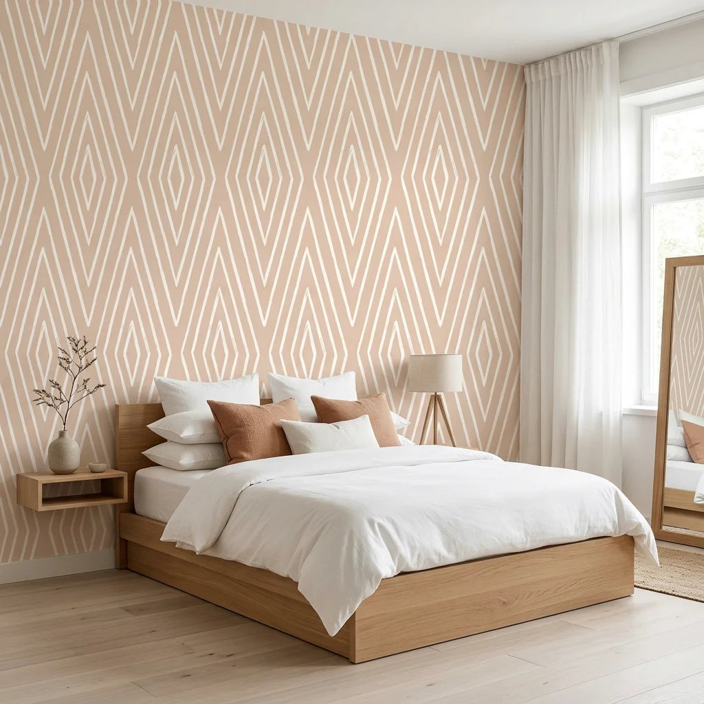Diamond Echo tribal diamond wallpaper adding character to a cozy bedroom