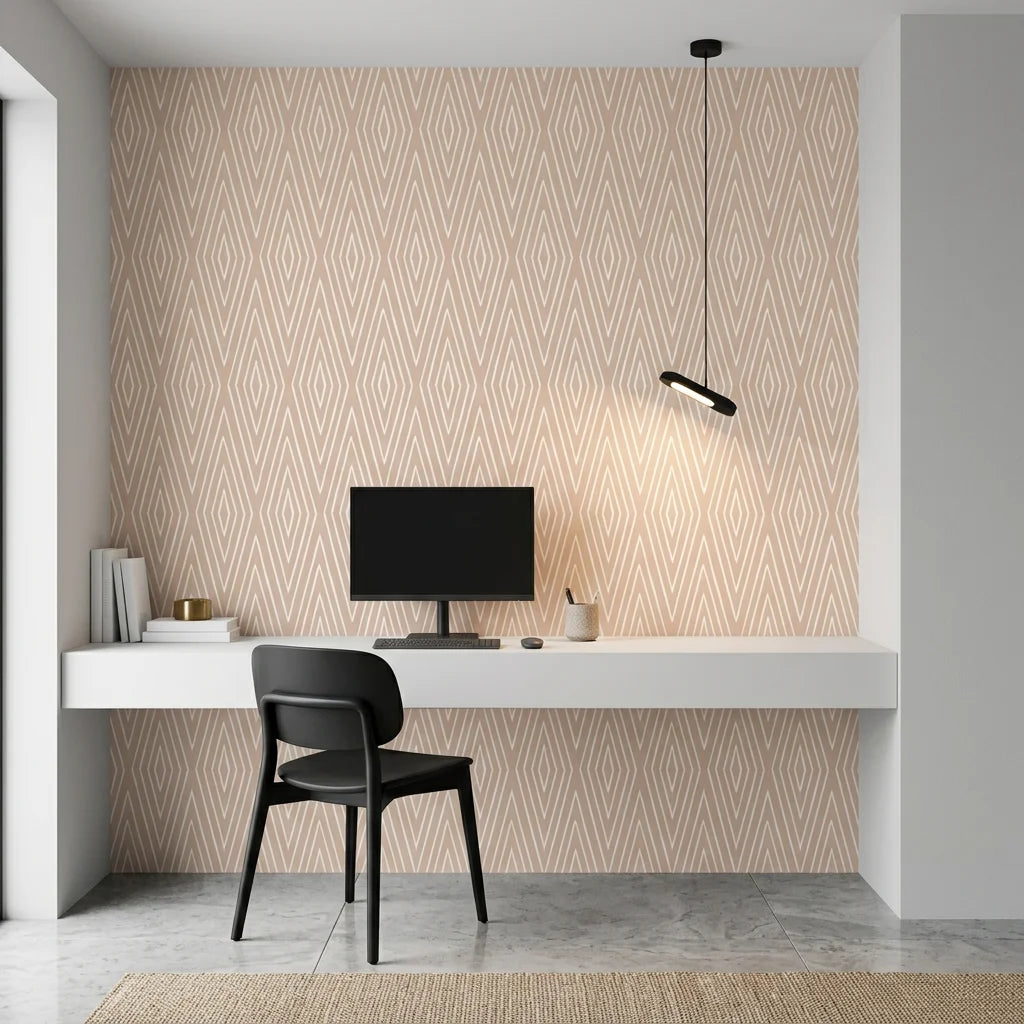 Diamond Echo tribal diamond wallpaper as a feature wall in a bright home office