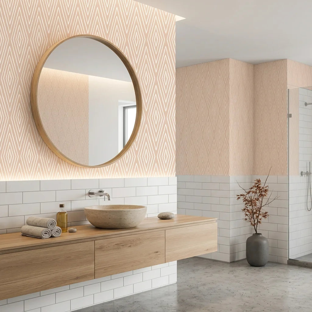 Diamond Echo tribal diamond wallpaper creating ambiance in a serene bathroom