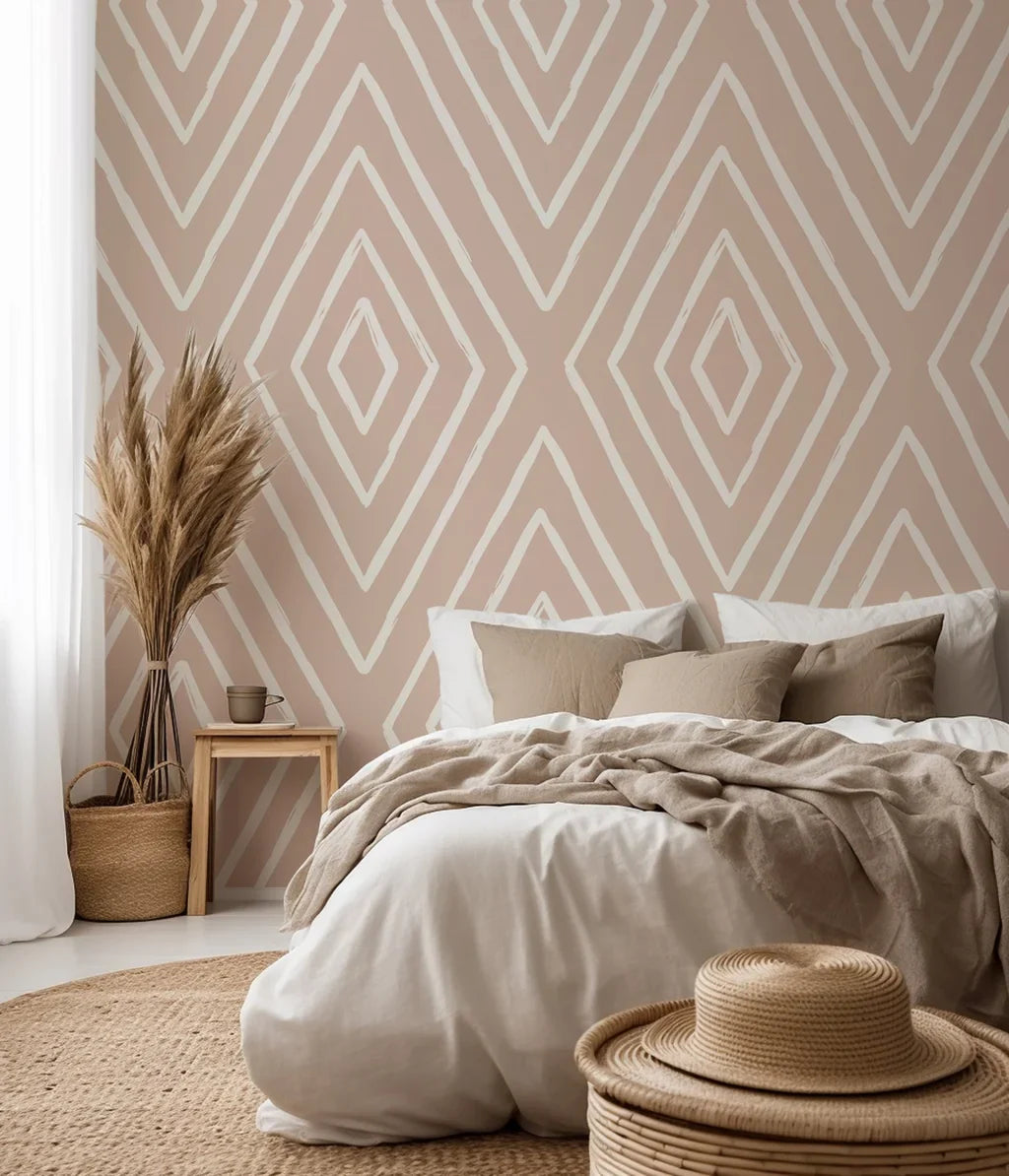 Hand-sketched white lines compose a repeating diamond structure on this neutral, soft beige wall treatment