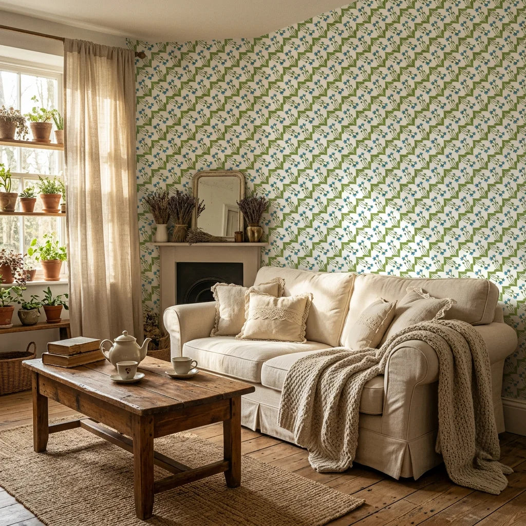 Distant Meadow ditsy floral wallpaper in a warm and inviting living room
