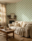 Distant Meadow ditsy floral wallpaper in a warm and inviting living room
