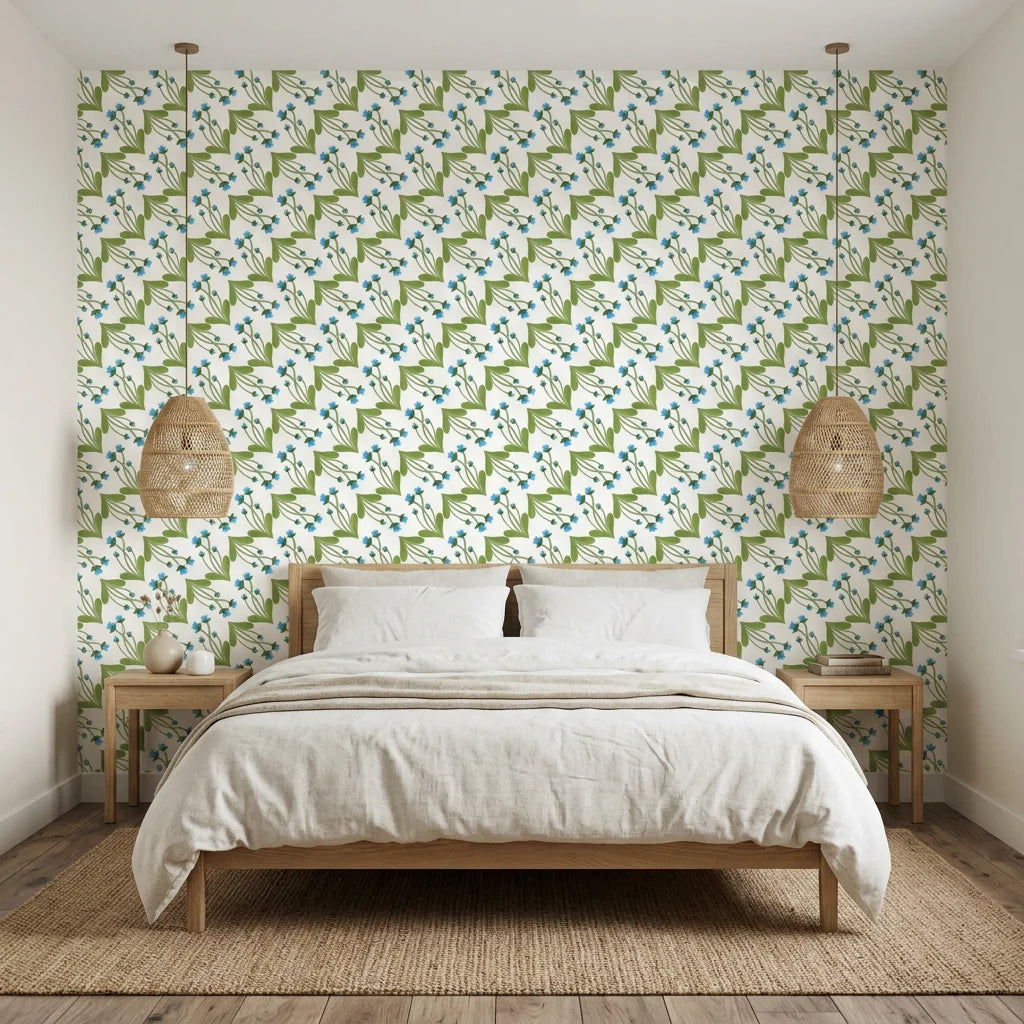 Distant Meadow ditsy floral wallpaper adding character to a cozy bedroom