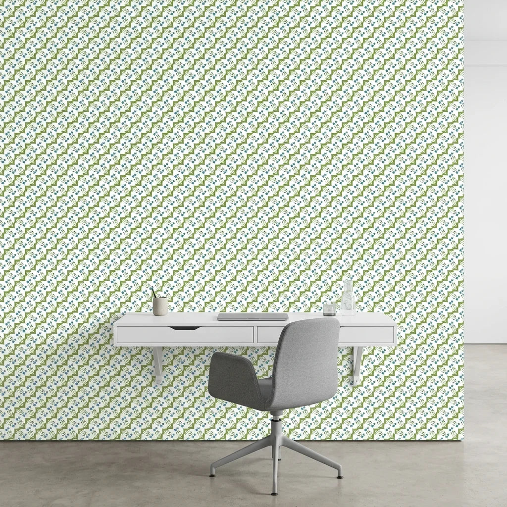 Distant Meadow ditsy floral wallpaper as a feature wall in a bright home office