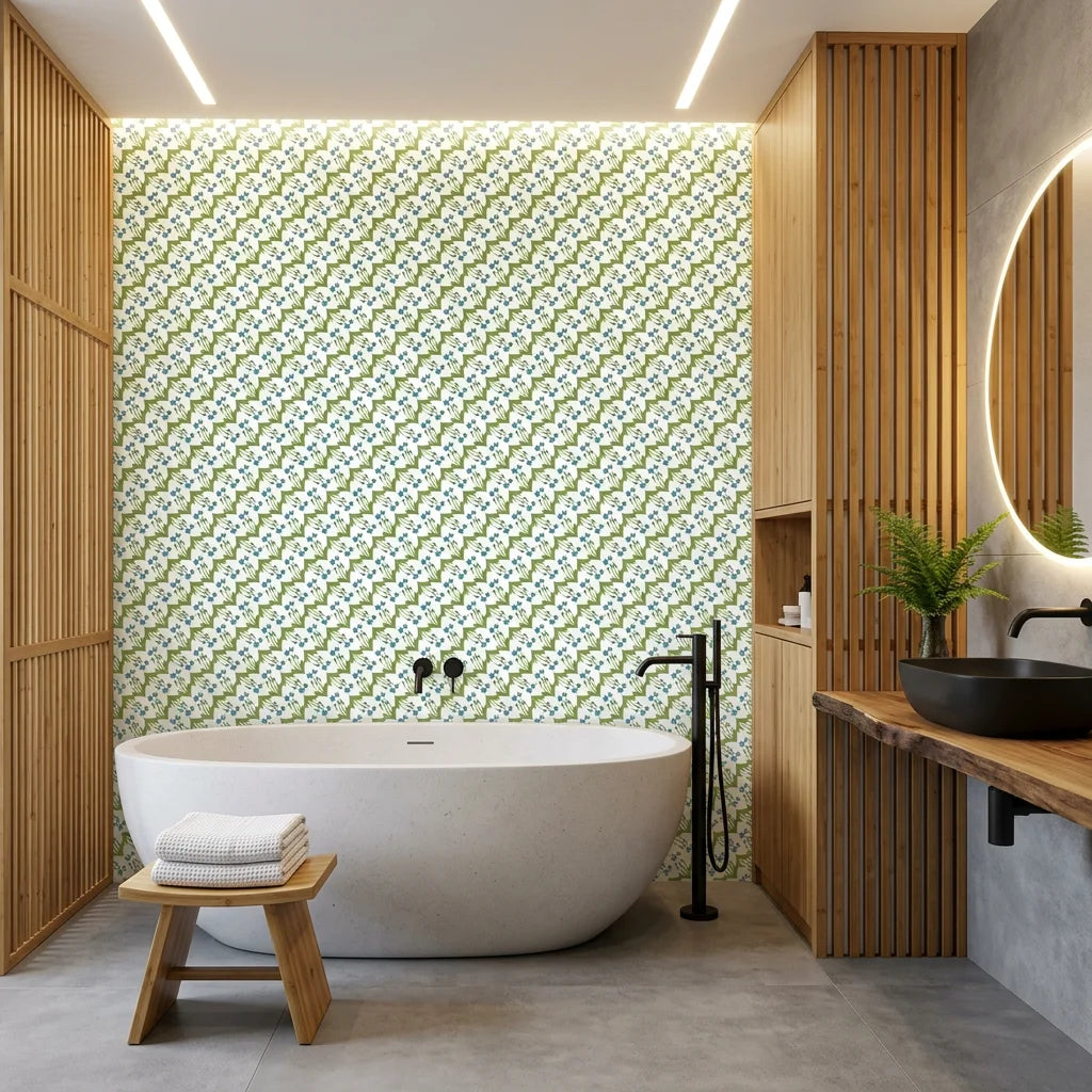 Distant Meadow ditsy floral wallpaper creating ambiance in a serene bathroom