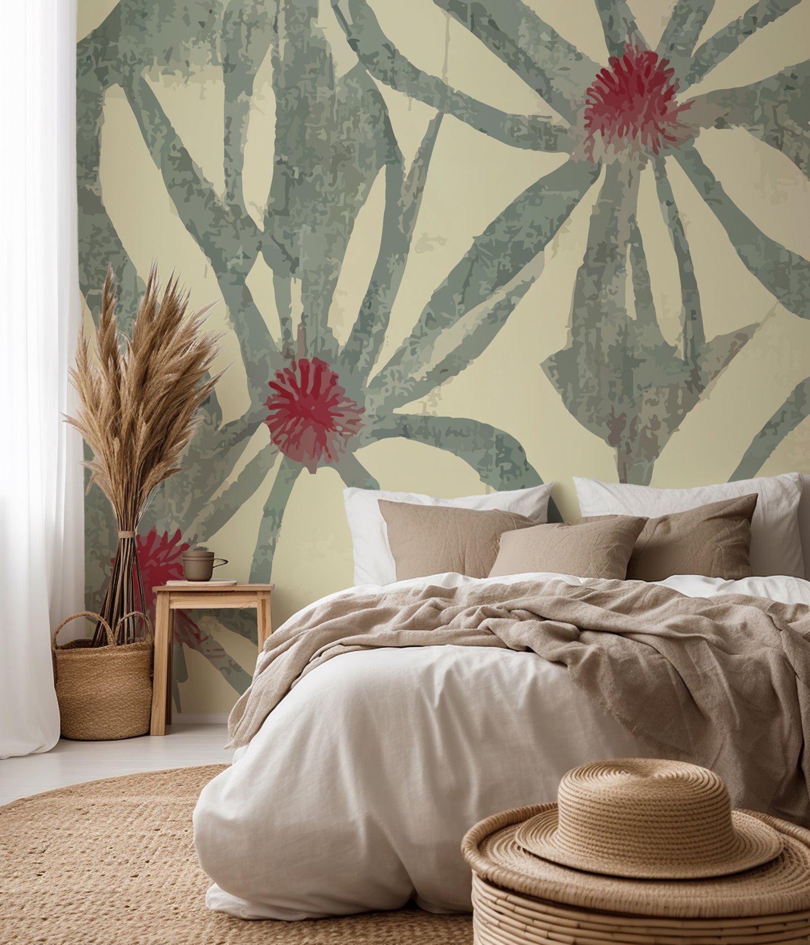 Botanical floral wallpaper with muted green leaves and soft red flower centers on a warm cream background, creating an organic hand-painted pattern.