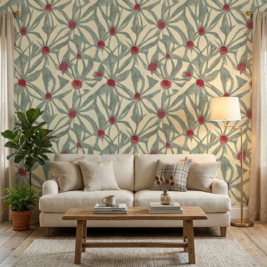 Distressed Daisy weathered floral wallpaper in a warm and inviting living room