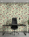 Distressed Daisy weathered floral wallpaper as a feature wall in a bright home office