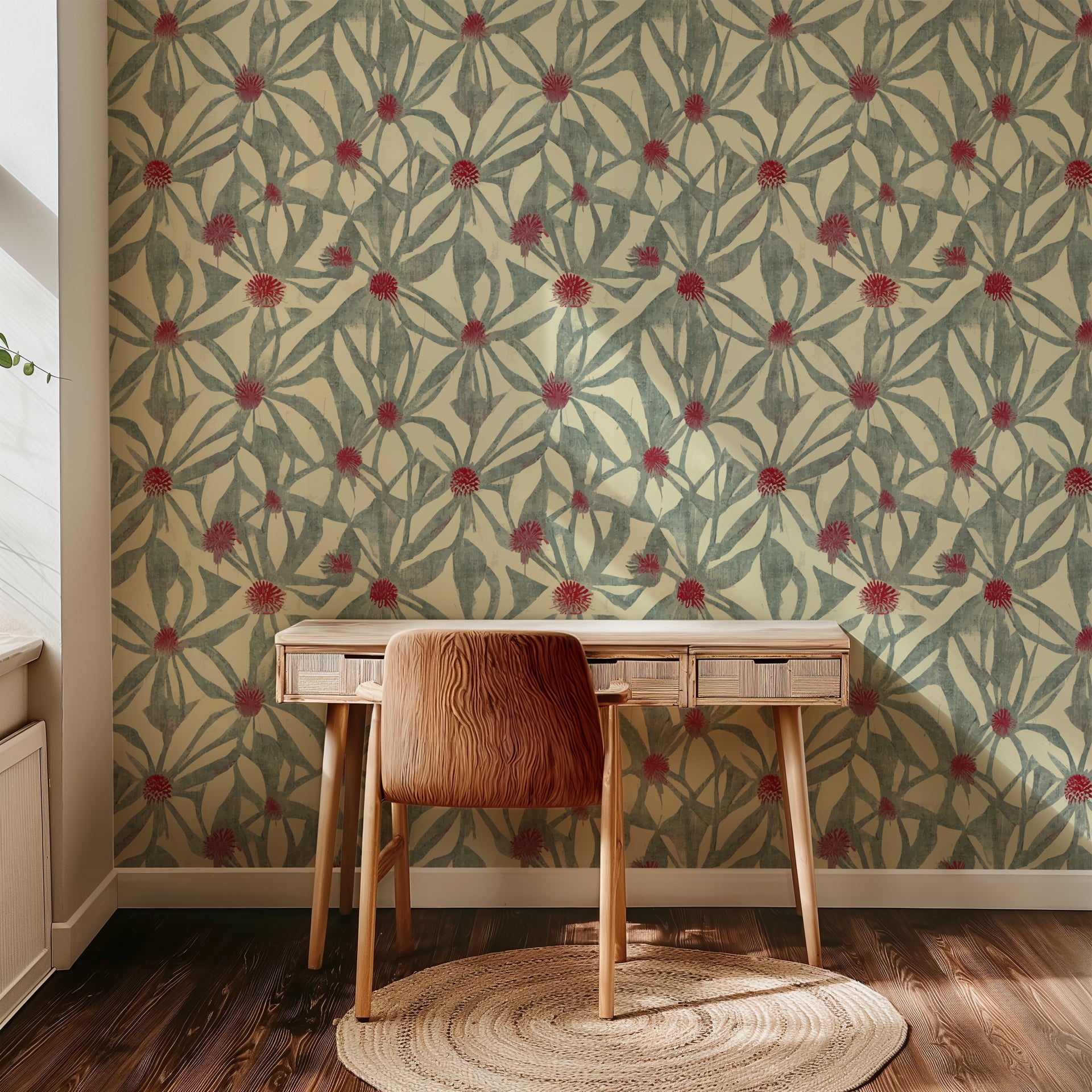 Botanical floral wallpaper with muted green leaves and soft red flower centers on a warm cream background, creating an organic hand-painted pattern.