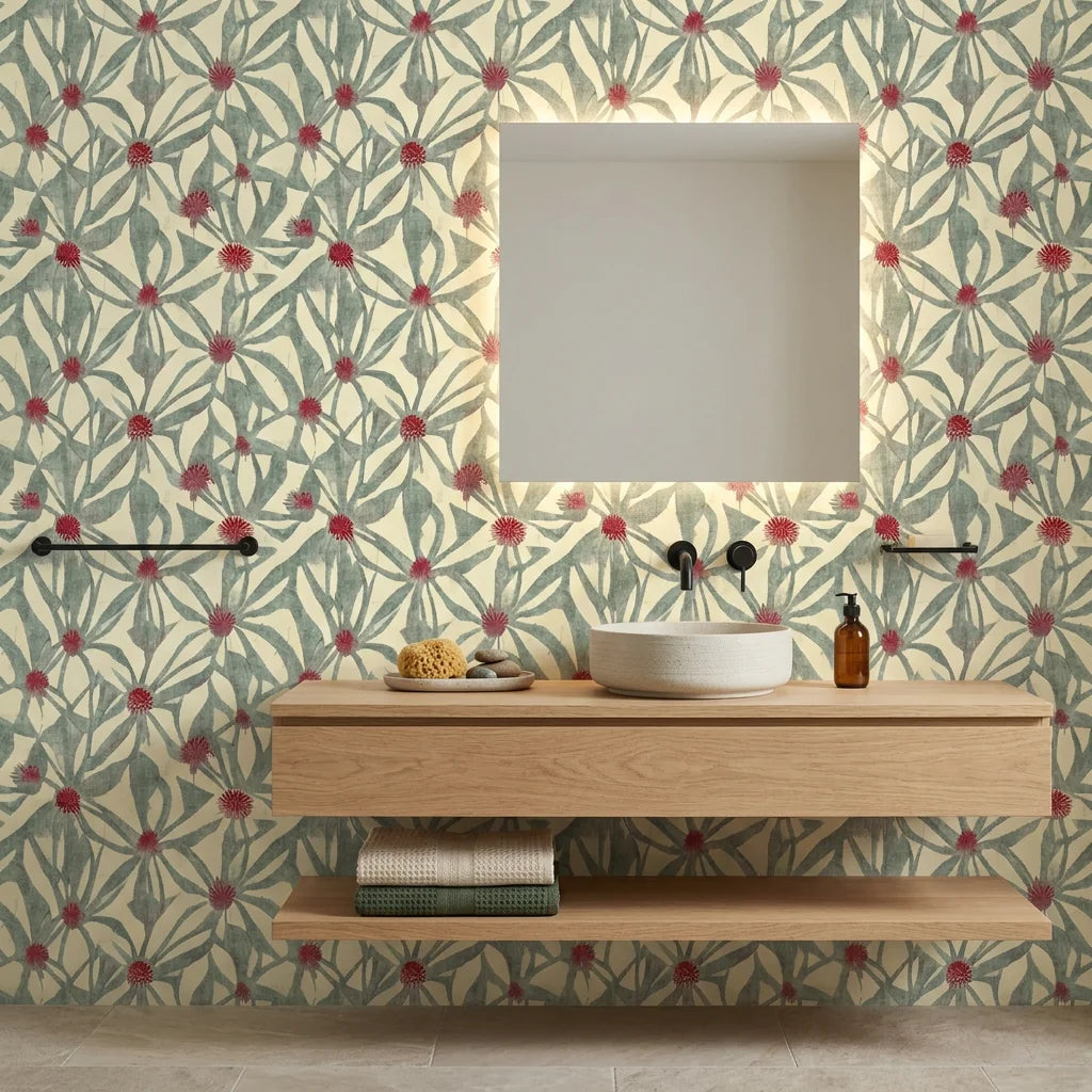 Distressed Daisy weathered floral wallpaper creating ambiance in a serene bathroom