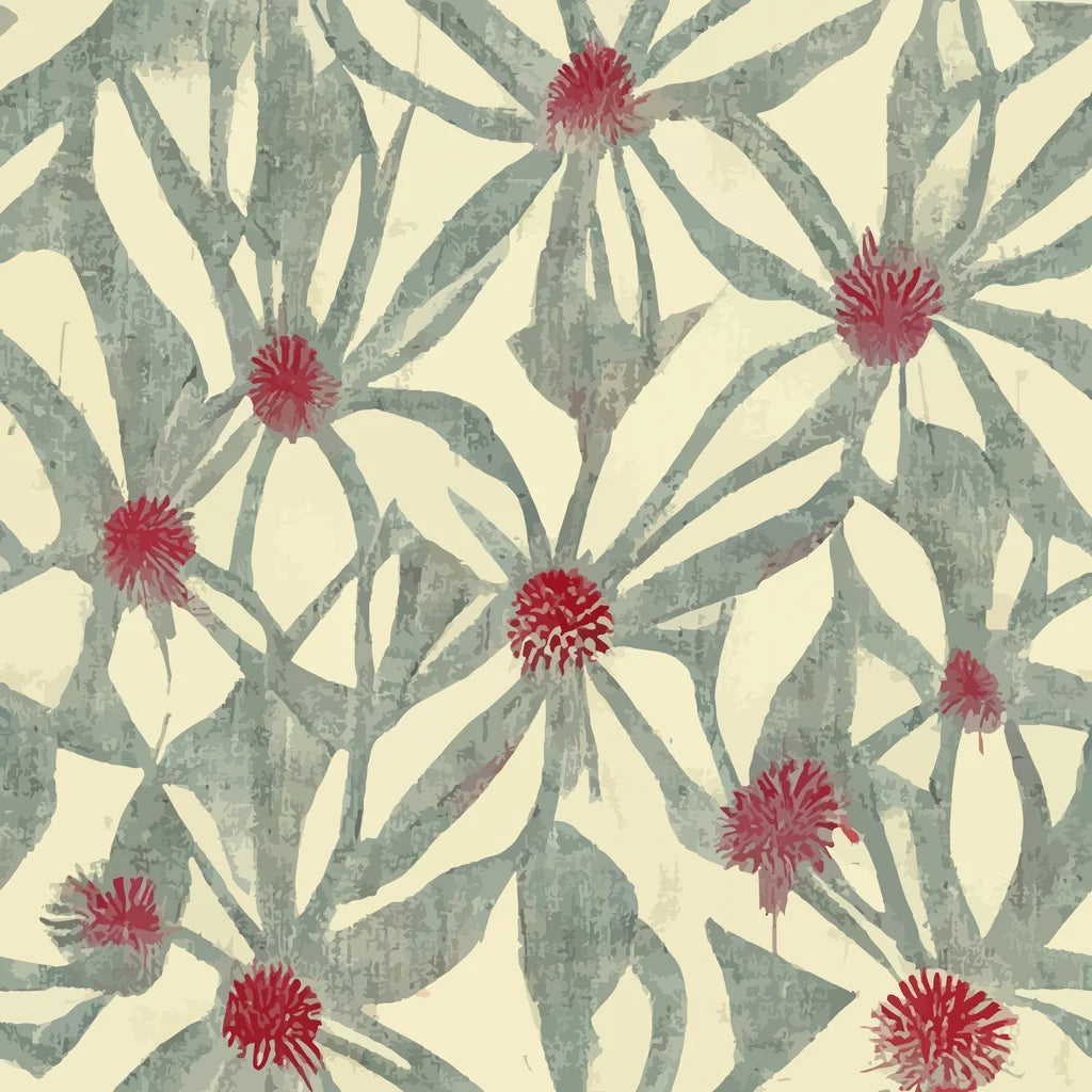 A hand-painted, organic-style floral wallpaper featuring muted green foliage and soft red blooms against a creamy, warm-toned backdrop.