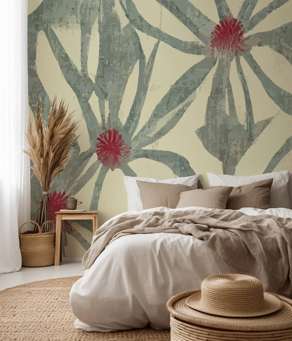 Wallpaper featuring an artistic, hand-painted design of flora, characterized by muted green leaf shapes and blush red flower middles on an off-white field