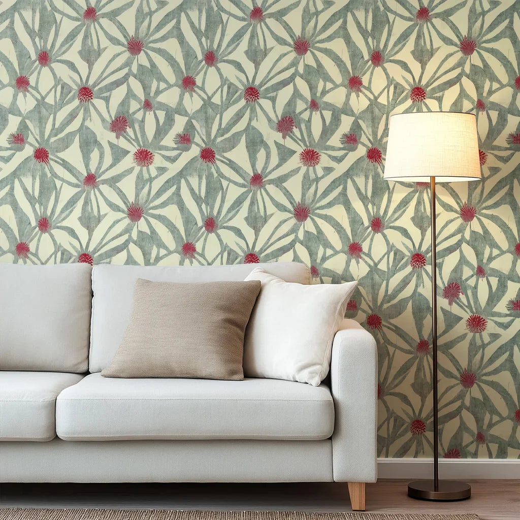 Painterly botanical design on wallpaper, showcasing desaturated green leaves and delicate red flower hearts on an off-white backdrop