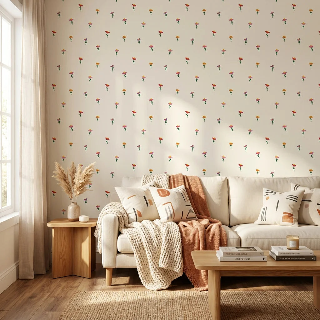 Ditsy Delight cream colorful tiny flower wallpaper in a warm and inviting living room