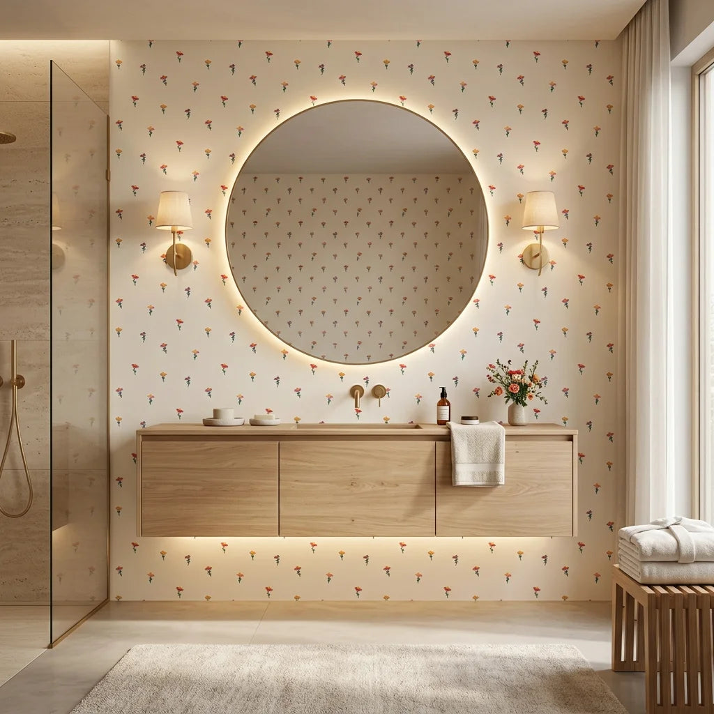 Ditsy Delight cream colorful tiny flower wallpaper creating ambiance in a serene bathroom