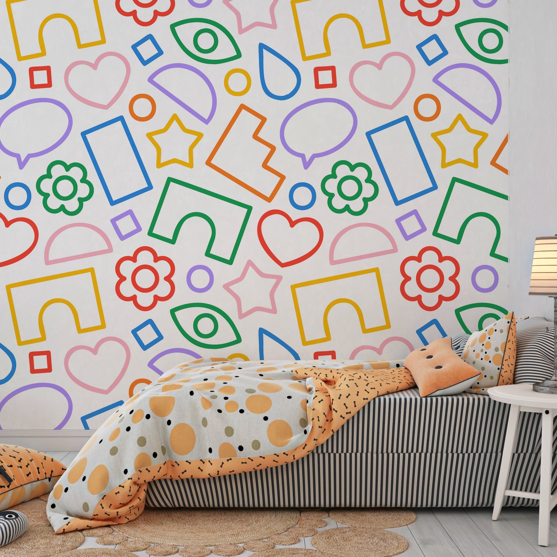 Vibrant outlined polygons and geometric figures in a removable wallpaper design - Doodle Bloom