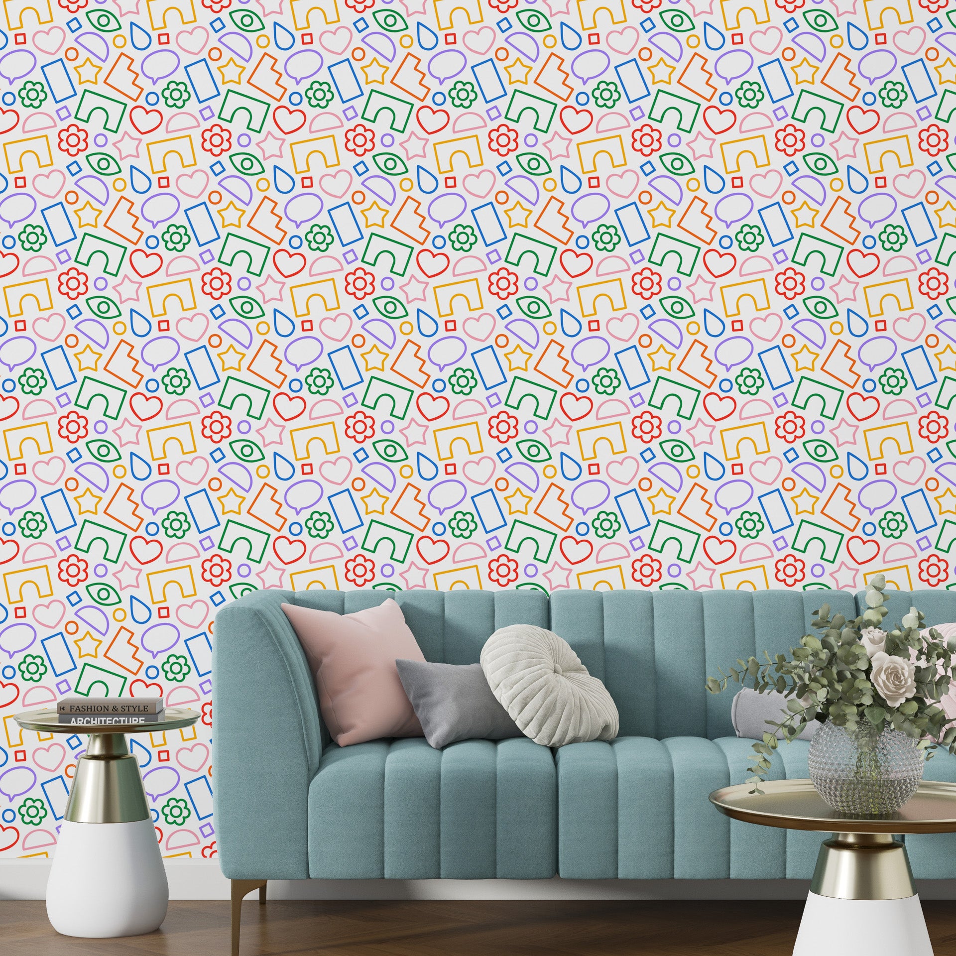 Playful neon-colored geometric contours in a matte-finish temporary wallpaper - Doodle Bloom