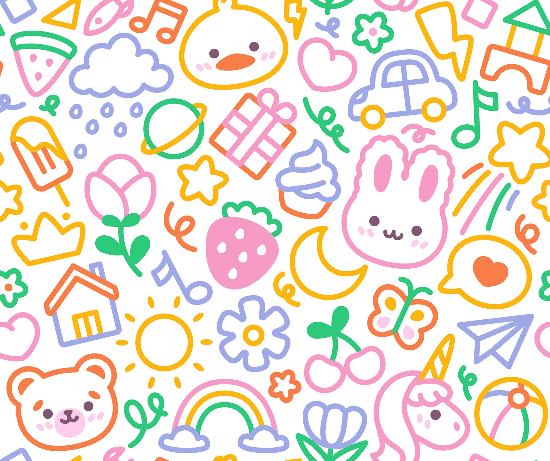 Cute colorful kawaii animal doodle peel and stick wallpaper - Doodle Dreams