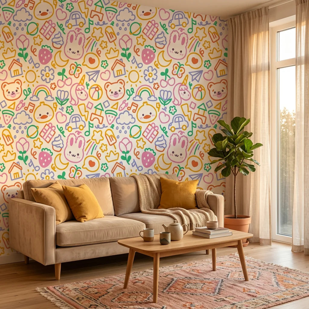 Doodle Dreams white kawaii cartoon character wallpaper in a warm and inviting living room