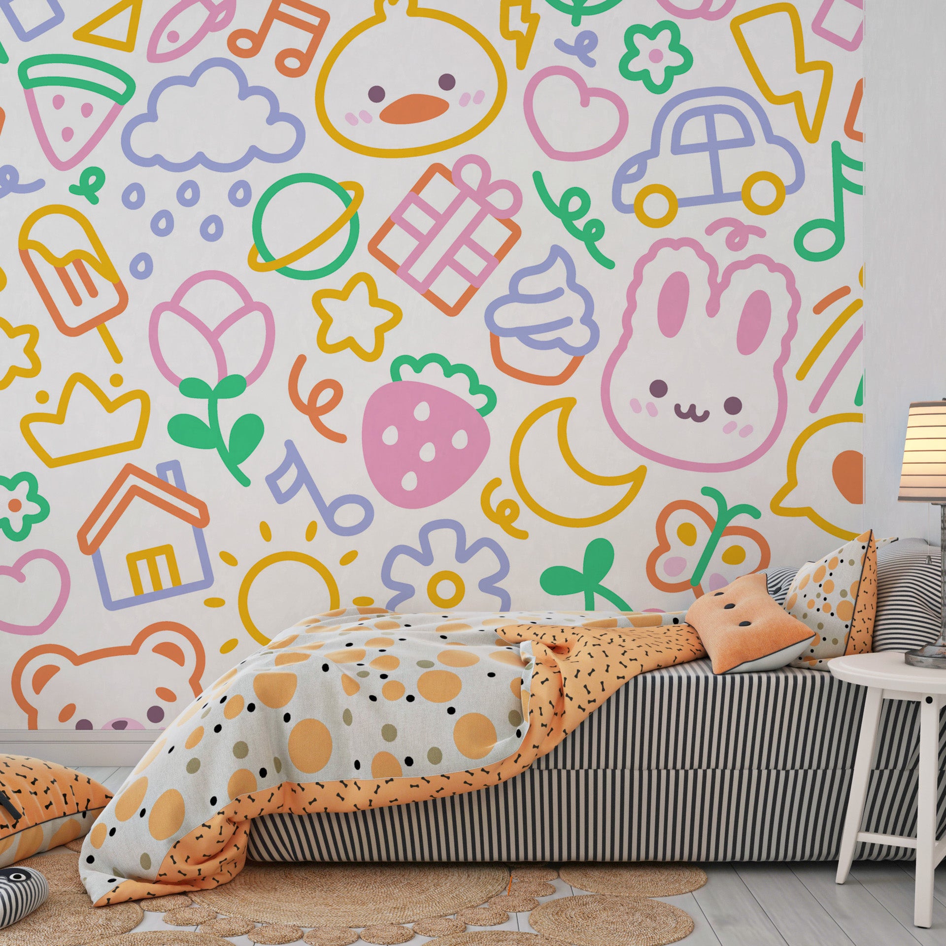Removable vinyl wall covering displaying a dense pattern of charming cartoon creatures and bright artistic doodles - Doodle Dreams