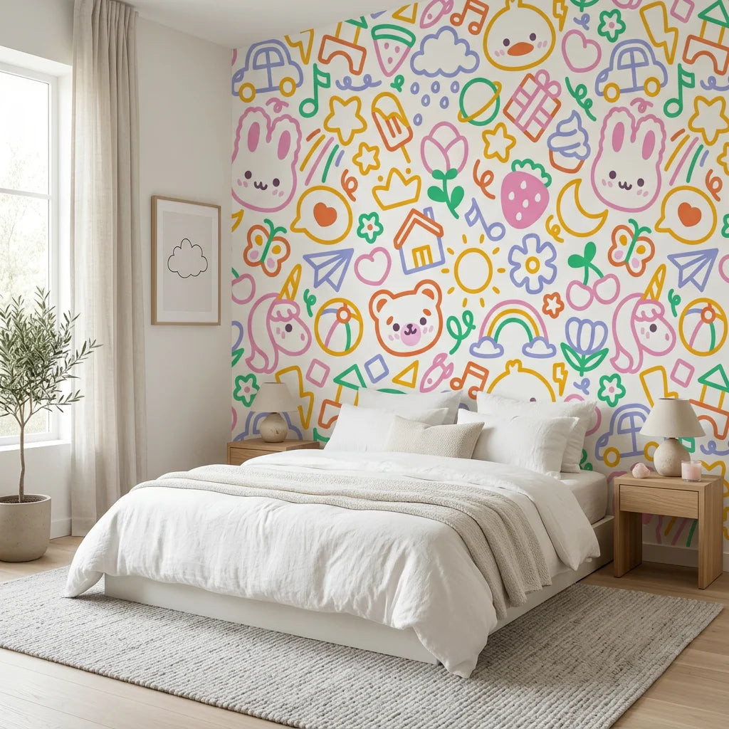 Doodle Dreams white kawaii cartoon character wallpaper adding character to a cozy bedroom
