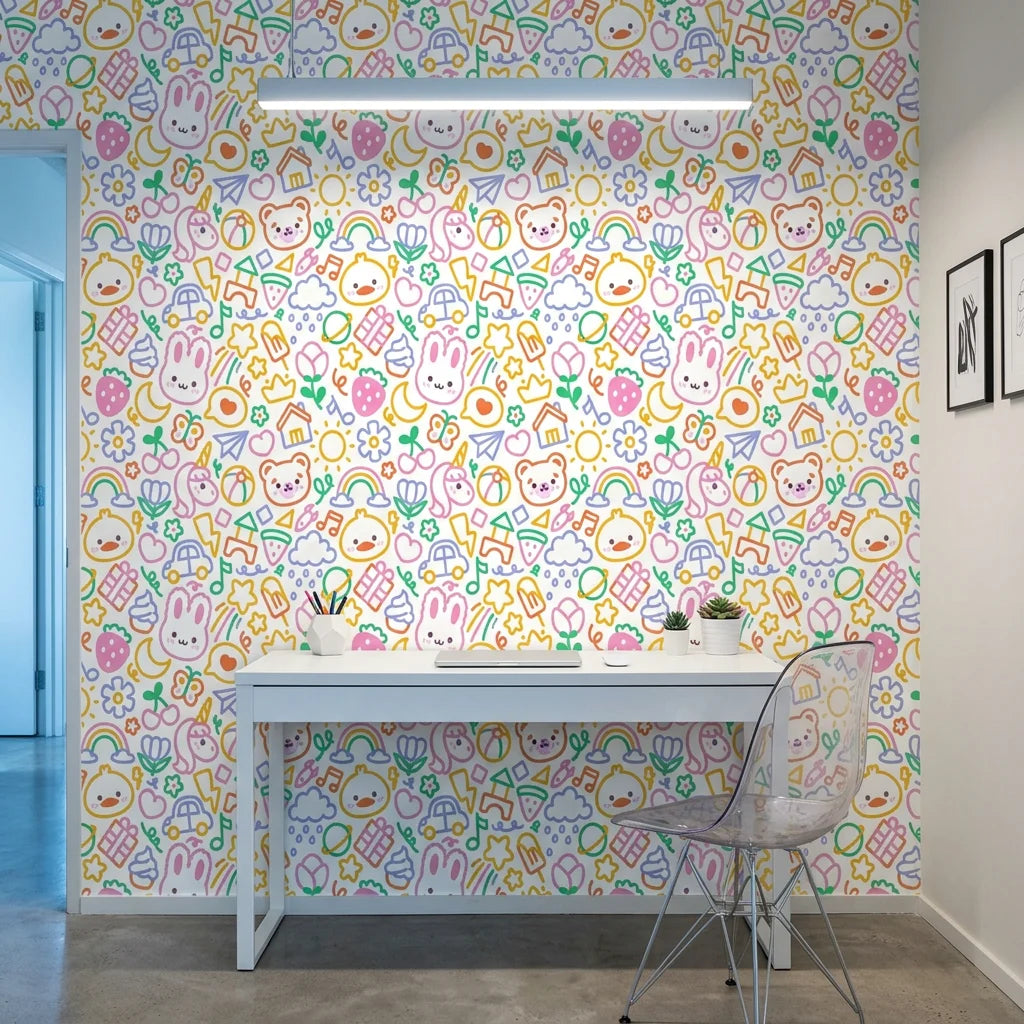 Doodle Dreams white kawaii cartoon character wallpaper as a feature wall in a bright home office