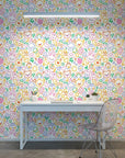 Doodle Dreams white kawaii cartoon character wallpaper as a feature wall in a bright home office