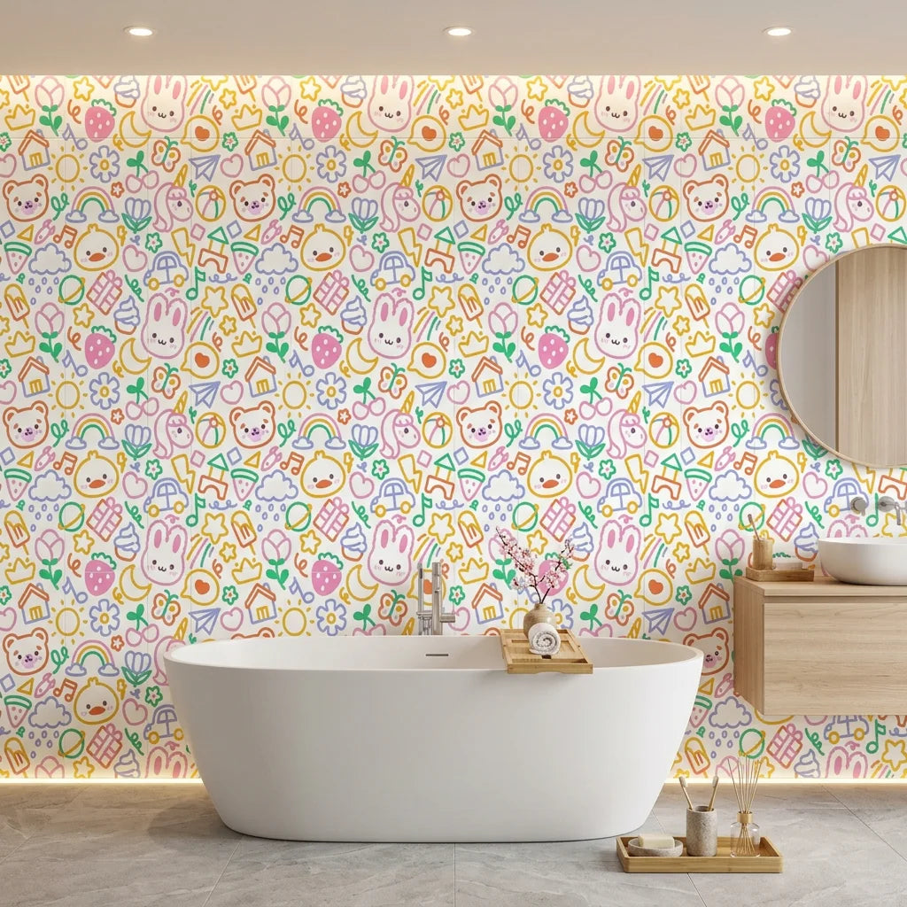 Doodle Dreams white kawaii cartoon character wallpaper creating ambiance in a serene bathroom