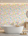 Doodle Dreams white kawaii cartoon character wallpaper creating ambiance in a serene bathroom