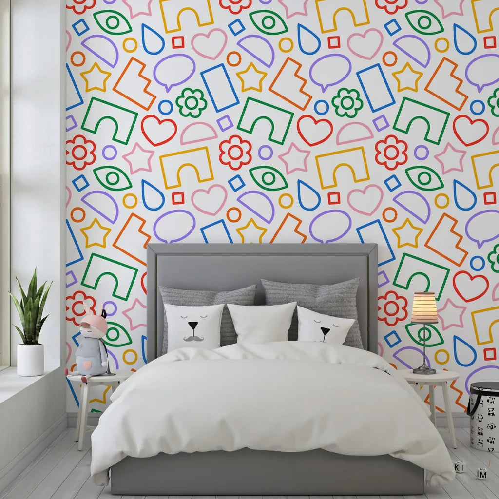 Multicolored abstract linear patterns on self-adhesive wall covering - Doodle Bloom