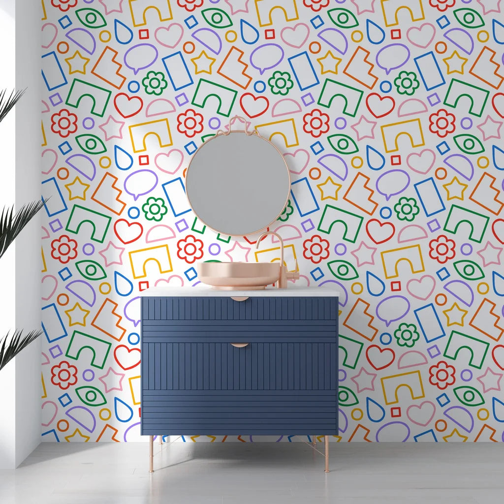 Modern rainbow-hued wireframe shapes on a white peel-and-stick background - Doodle Bloom