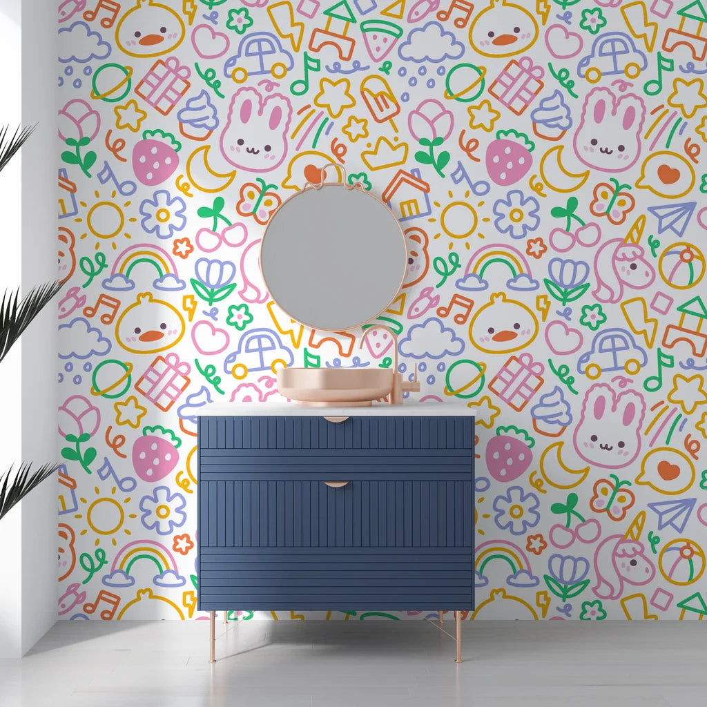Scribbled sweet animal motifs in a rainbow palette on easy-to-apply temporary wallpaper - Doodle Dreams