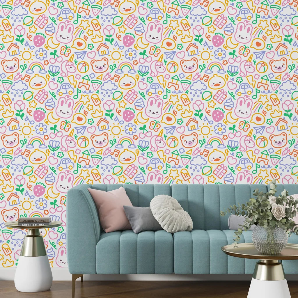 Japanese-inspired cute character wallpaper with a multi-colored hand-illustrated aesthetic and peel-away backing - Doodle Dreams