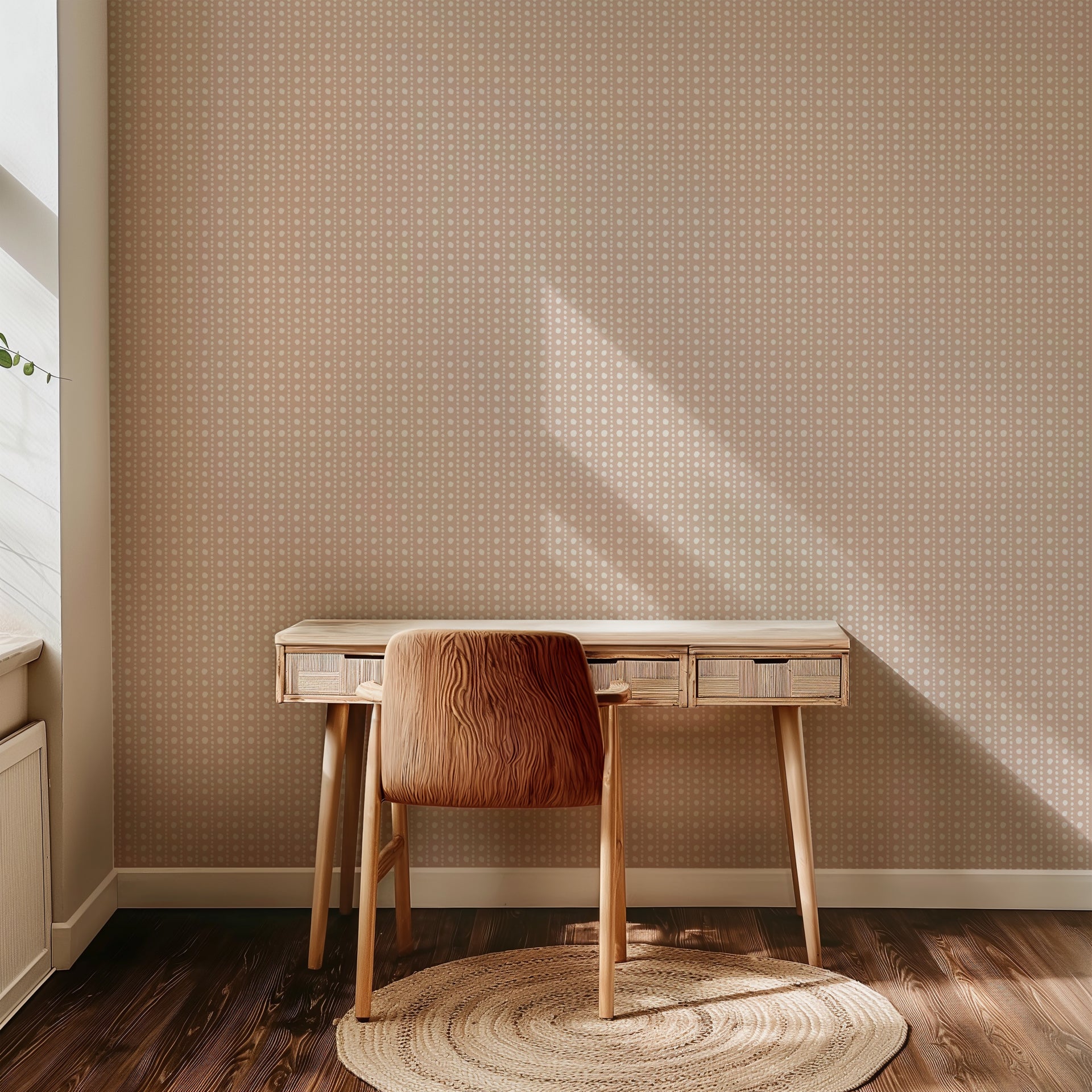 Neutral polka dot wallpaper with soft white hand-painted dots arranged in a subtle grid on a warm beige background.