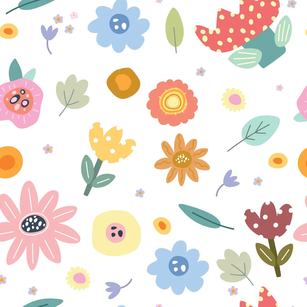 Dotted Bliss white whimsical folk art floral wallpaper