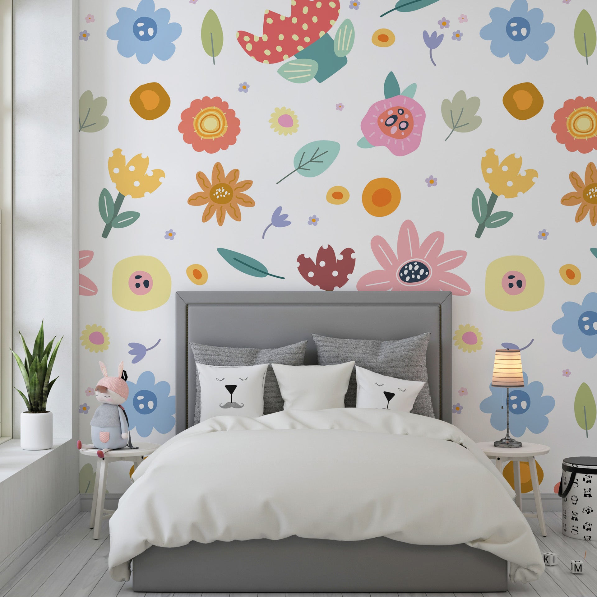 Vibrant artistic flower illustrations on self-adhesive removable wall covering - Dotted Bliss