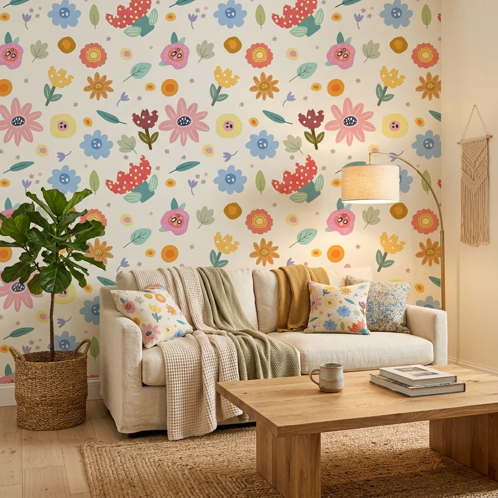 Dotted Bliss white whimsical folk art floral wallpaper in a warm and inviting living room