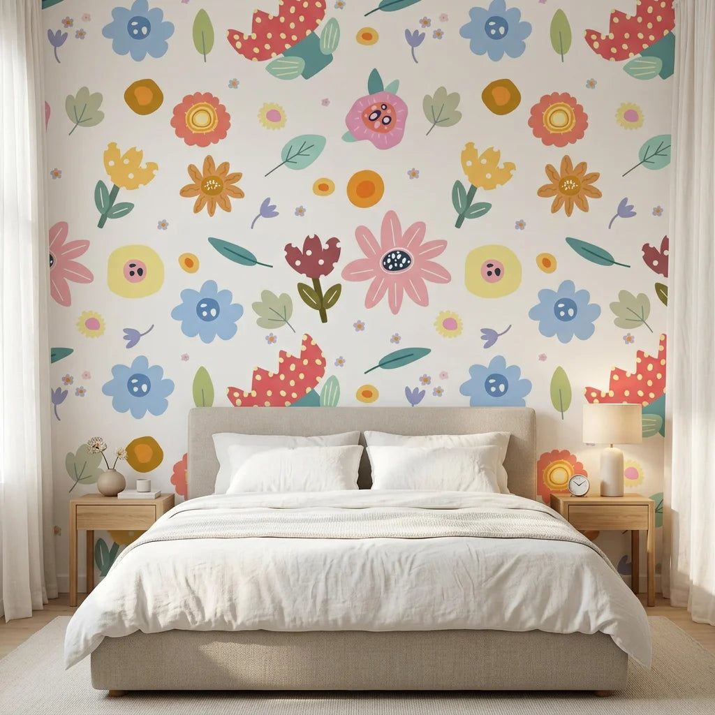 Dotted Bliss white whimsical folk art floral wallpaper adding character to a cozy bedroom