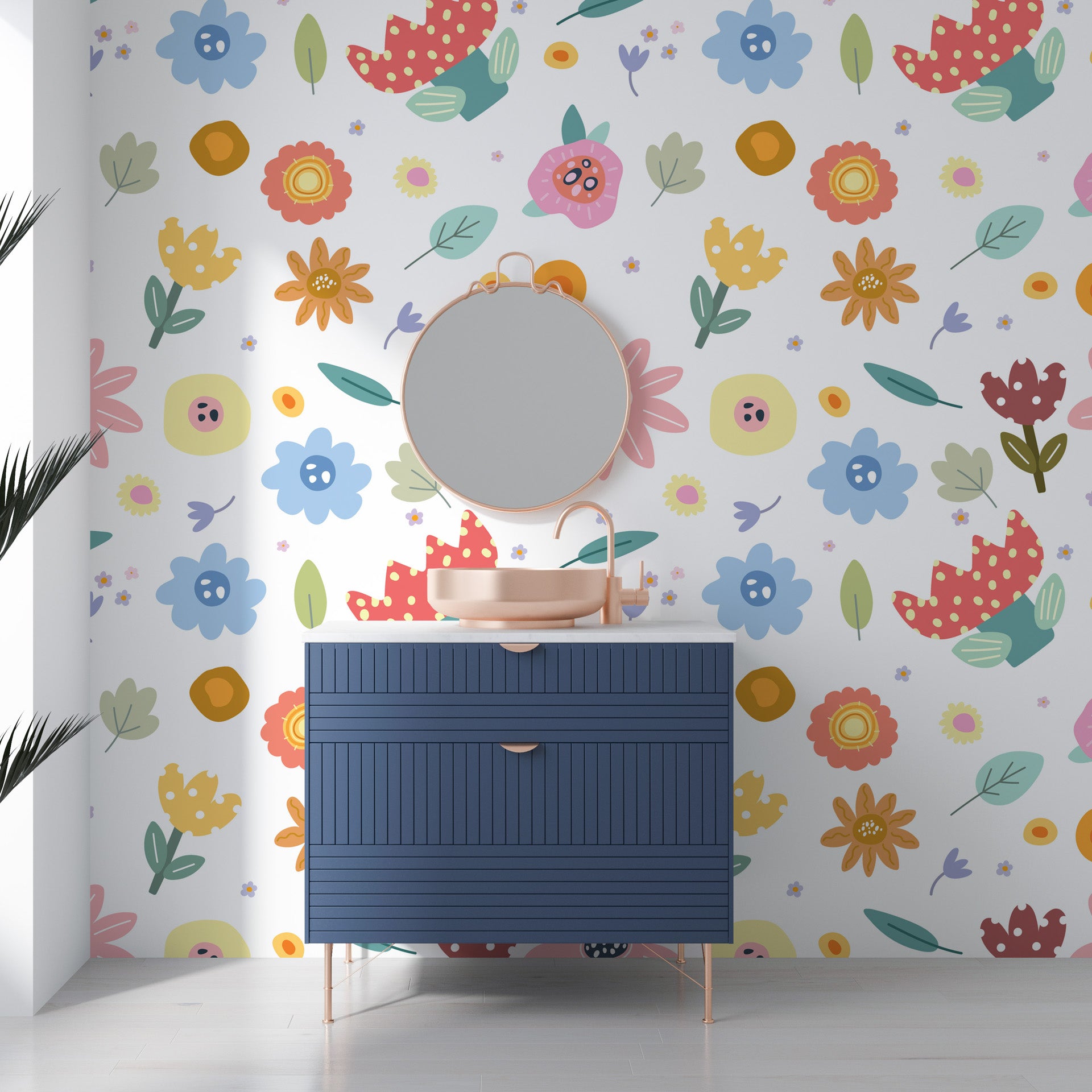 Fanciful graphic floral print in a bright color palette, repositionable wallpaper - Dotted Bliss