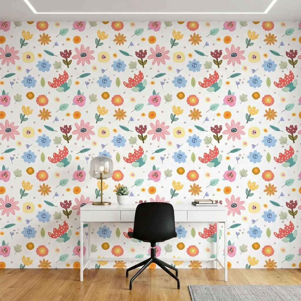 Dotted Bliss white whimsical folk art floral wallpaper as a feature wall in a bright home office