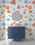 Fanciful graphic floral print in a bright color palette, repositionable wallpaper - Dotted Bliss