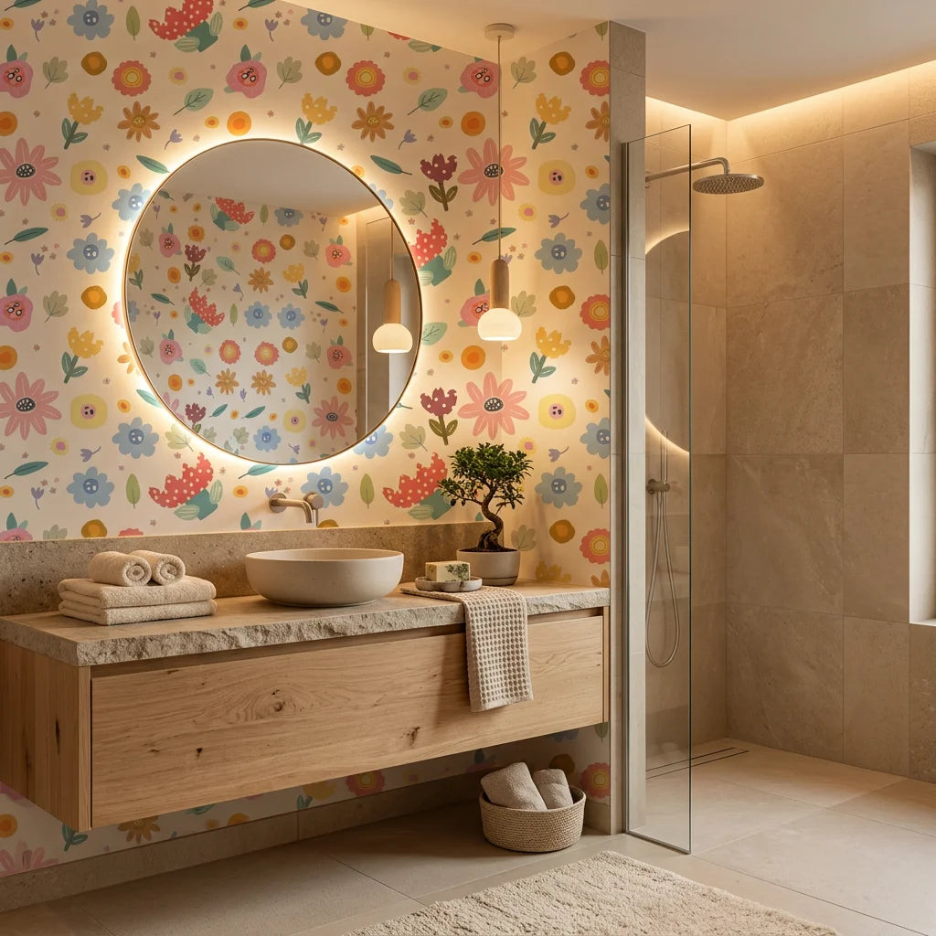 Dotted Bliss white whimsical folk art floral wallpaper creating ambiance in a serene bathroom