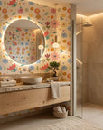 Dotted Bliss white whimsical folk art floral wallpaper creating ambiance in a serene bathroom