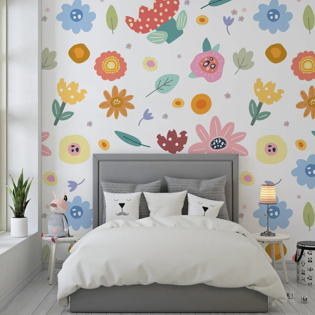 Vibrant artistic flower illustrations on self-adhesive removable wall covering - Dotted Bliss