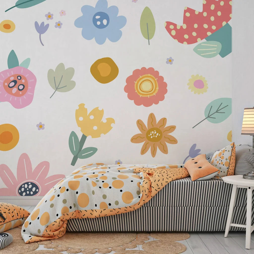 Playful multicolored nature pattern with stylized blossoms for easy-install wall decor - Dotted Bliss