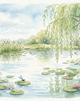 Tranquil Dragonfly Dreams wallpaper with watercolor pond, willow tree, lotus flowers, and cattails in soft greens and blues