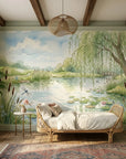 Serene watercolor pond scene with willow tree and dragonflies on Dragonfly Dreams peel and stick wallpaper